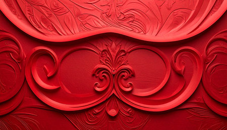 Intricate red embossed ornate scrollwork and floral motifs form a symmetrical, decorative pattern with a classic,...の素材