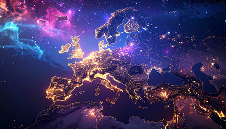 Glowing cities outline the European continent against a dark, star-filled sky with vibrant cosmic nebulae.の素材