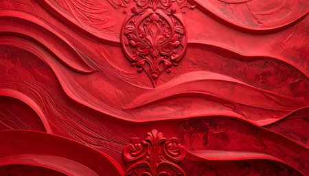 A detailed embossed pattern in various shades of red, featuring swirling organic shapes and ornate floral motifs,...の素材