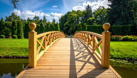 A light wooden arched bridge crosses a calm pond in a well-kept garden with green lawns and a line of trees.の素材