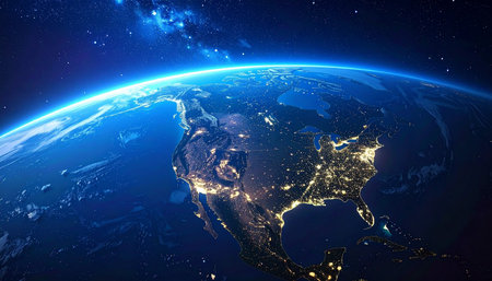 Atmosphere showing north america illuminated by city lights from space with a starry sky and glowing atmosphere at...の素材