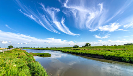A wide river flows through green fields beneath a dramatic blue sky featuring swirling white clouds and scattered...の素材