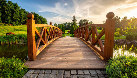 An ornate wooden arched bridge with decorative finials spans a water feature in a sun-drenched park, with lush...の素材