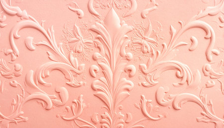 Swirling showing peach colored ornate floral embossed background texture with swirling decorative motifs and...の素材