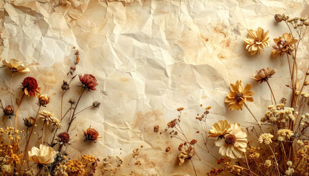 Red and yellow dried flowers and seed pods are scattered across a textured, creased parchment paper backdrop with...の素材