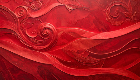 Textured red embossed swirls and layered waves create a dynamic abstract background with a sense of flowing motion.の素材