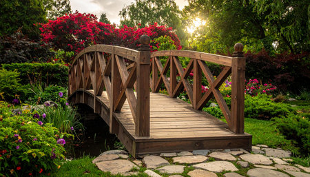A rustic wooden arched bridge with decorative railings crosses a stream, surrounded by lush green plants and vibrant...の素材