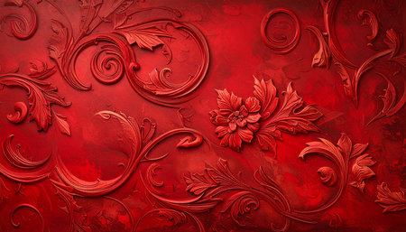 A rich red textured surface raised floral and swirling vine motifs, creating an opulent and detailed decorative...の素材