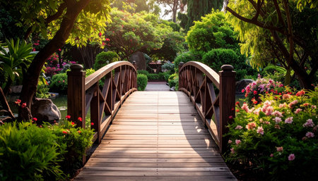 A wooden arched bridge spans a calm pond amidst a vibrant garden filled with lush green trees and colorful blooming...の素材