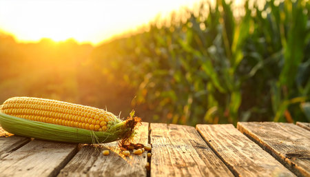 Light showing single yellow corn cob resting on a rustic wooden plank with scattered kernels and a sunlit cornfield...の素材