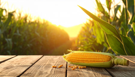 A single yellow corn cob with a green husk and scattered kernels sits on a wooden table, bathed in the warm light of...の素材