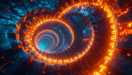 A dynamic, spiraling tunnel with complex metallic textures and bright orange and cyan neon lighting, suggesting...の素材