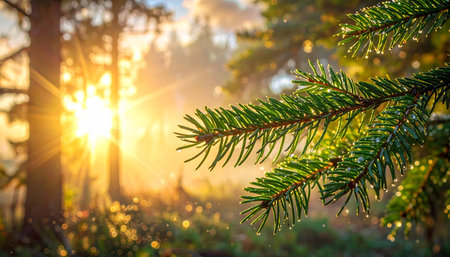 Golden sunbeams pierce through a forest, illuminating a dew-covered pine branch in the foreground with soft bokeh.の素材