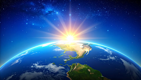 The sun rises over North America from space, casting bright rays and illuminating the planet's surface and atmosphere.の素材
