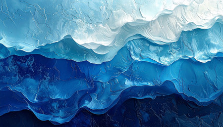 Textured abstract landscape of layered blues and whites resembling rolling hills or ocean waves with a thick impasto...の素材