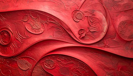 Deep red textured surface with intricate embossed floral and swirling organic patterns creating dramatic shadow play...の素材