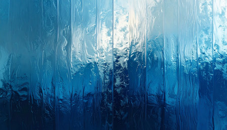 A vertical textured surface of blue liquid or water with a rippling effect and subtle light reflections.の素材