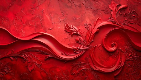 Vibrant red abstract swirls and ornate floral with a textured surface creating depth and visual interest.の素材
