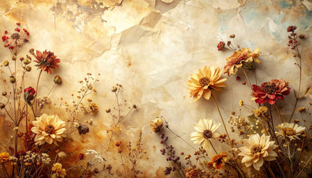 Botanical showing vintage floral arrangement with faded paper texture background and earthy tones of yellow orange...の素材