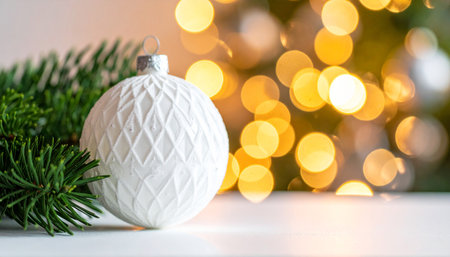 Blurred showing white textured christmas bauble with diamond pattern beside fir tree branch against bokeh lights...の素材