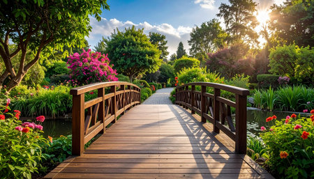 A wooden arched bridge spans a calm pond, bordered by abundant pink and red flowers and verdant trees under bright...の素材