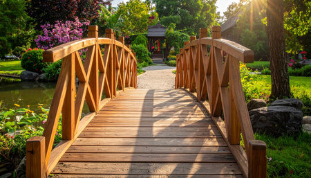 A wooden arched bridge spans a calm pond in a vibrant Japanese garden bathed in warm sunlight, casting long shadows.の素材