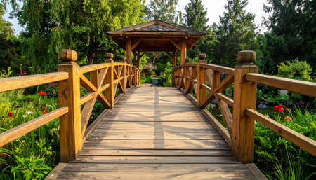 A wooden arched bridge directs towards a wooden gazebo in a lush garden featuring a pond and bright red flowers.の素材