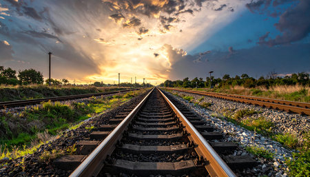 Railway tracks at sunset with cloudy sky in the background. Perspective view.の素材