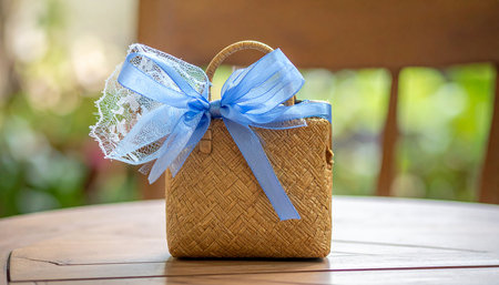 Wedding gift box with blue ribbon on the wooden table.の素材