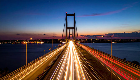 A long exposure shot of the light trails on the bridge at nightの素材