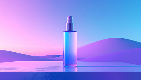 Cosmetic liquid bottle on blue background. 3d render illustration.の素材