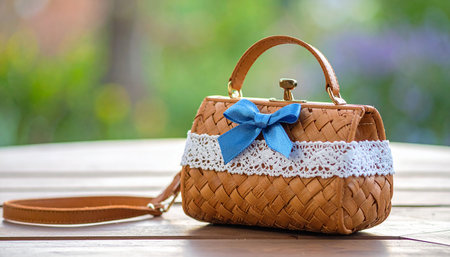 Womens handbag on wooden table with bokeh backgroundの素材