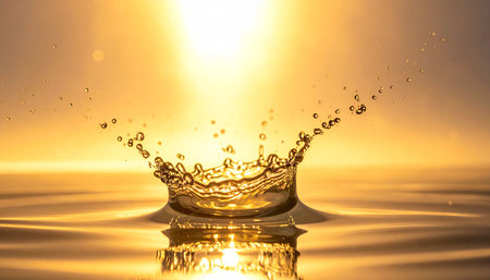 Boke showing clear water splash crown formation with bright golden sun and soft bokeh in a serene liquid surface...の素材