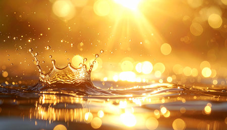 A striking water splash forms a crown shape, bathed in intense sunlight with numerous sparkling bokeh lights in the...の素材
