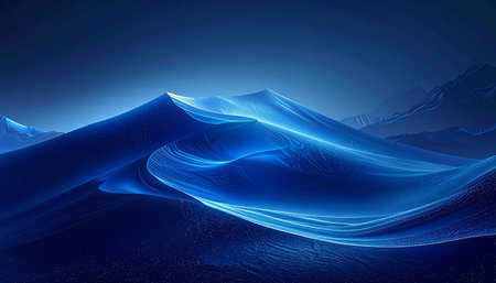 Abstract deep blue and bright blue sand dunes glow with light and shimmering particles, creating an ethereal and...の素材