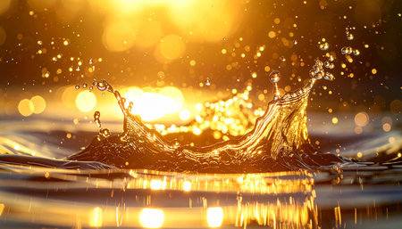 279907 showing golden liquid splash crown with sparkling droplets and sunlit bokeh in a warm amber glow.の素材