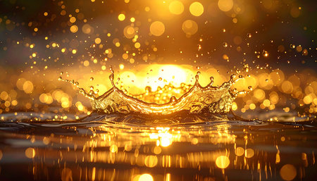 A detailed golden water splash forms a crown shape with many sparkling droplets and bokeh lights against a luminous...の素材