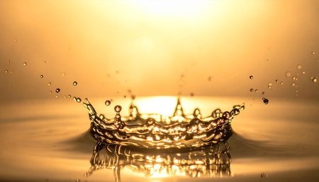 A perfectly formed golden water crown splash is captured with radiating ripples and a soft, luminous yellow background.の素材