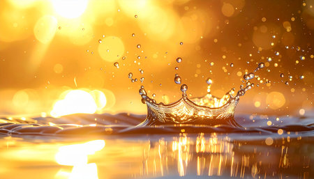 Boke showing golden water splash crown formation with sun flare and bokeh background. resolutionの素材