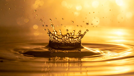 Boke showing golden water splash crown with concentric ripples and warm bokeh. resolutionの素材