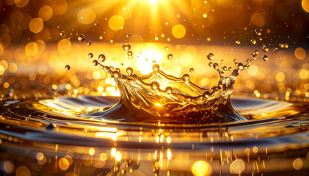 An intense golden water crown splash is captured with many small droplets and a background filled with bright,...の素材