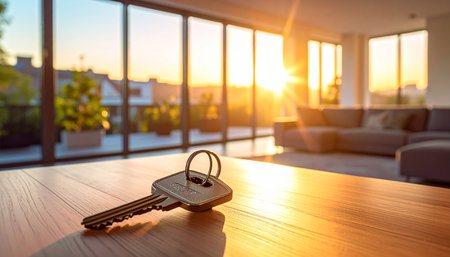 A single silver house key lies on a wooden table in a bright, sunlit apartment with large windows.の素材