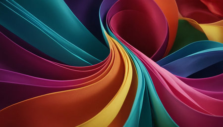 A dynamic swirl of numerous colorful ribbons in teal magenta orange yellow and blue creating an energetic abstract...の素材