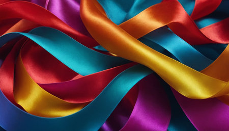 Colorful satin ribbons in red orange yellow turquoise and purple are intertwined in a chaotic yet visually appealing...の素材