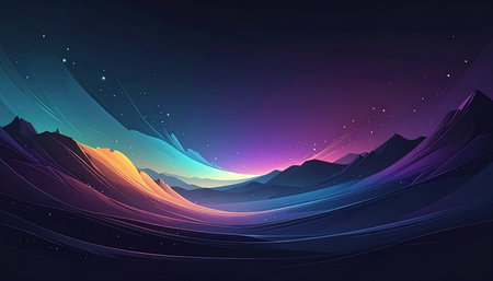An abstract cosmic scene featuring vibrant, flowing light waves amidst jagged mountain silhouettes against a dark,...の素材
