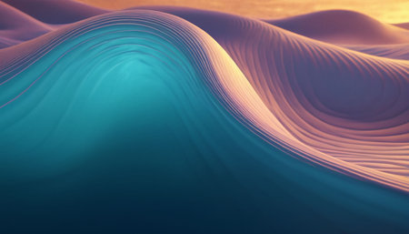 Smooth, undulating waves of turquoise and purple flow across the frame, meeting a soft orange sky.の素材