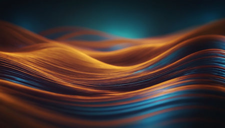 Abstract flowing waves of warm copper orange and deep teal blue exhibit a metallic sheen and a textured ribbed...の素材