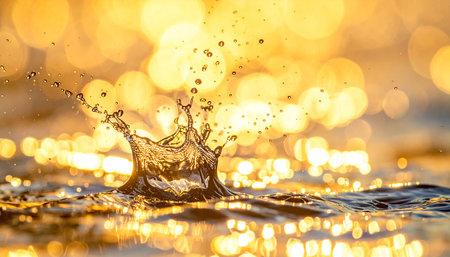 A golden water splash with a central peak is set against a vibrant background of large, out-of-focus circular lights.の素材