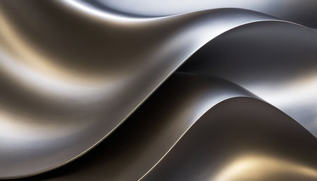 Abstract metallic curves in warm golden and cool silver tones create a fluid, layered visual effect with smooth...の素材