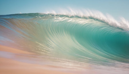 A clear turquoise ocean wave curls and breaks on a sandy beach with sunlight reflecting on the water's surface.の素材